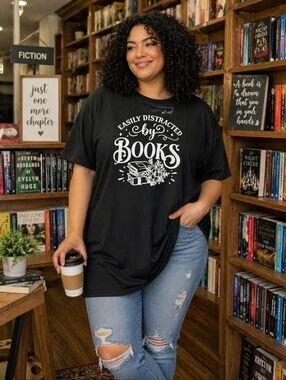 Shein “Easily Distracted by Books” Graphic Tee Black Oversized Size 2X